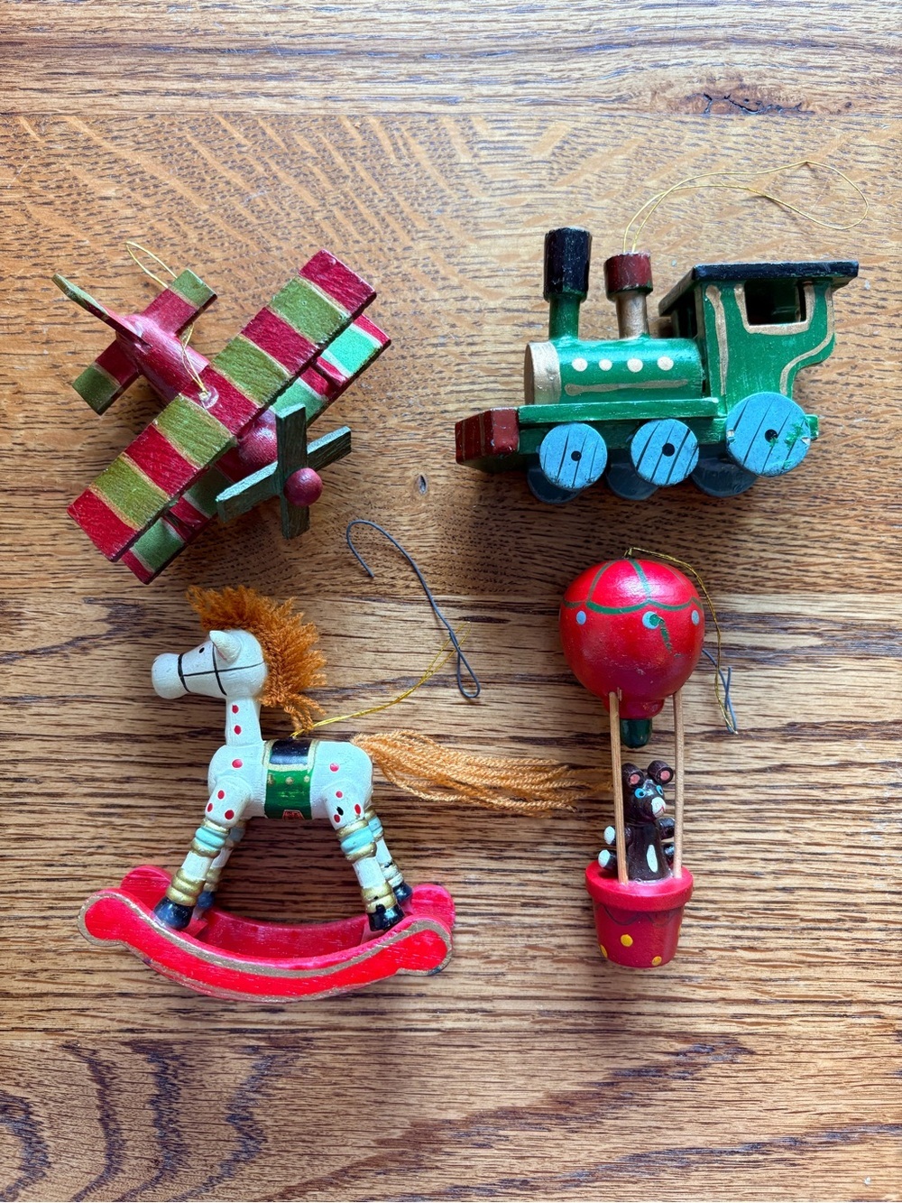 VTG Allegro Set of 4 Wooden Ornaments- train, plane, horse, balloon with boxes